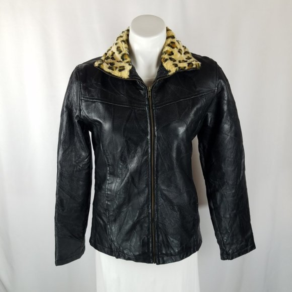 PBXbasics jacket black patchwork leather bomber with fleece‎ leopard collar M